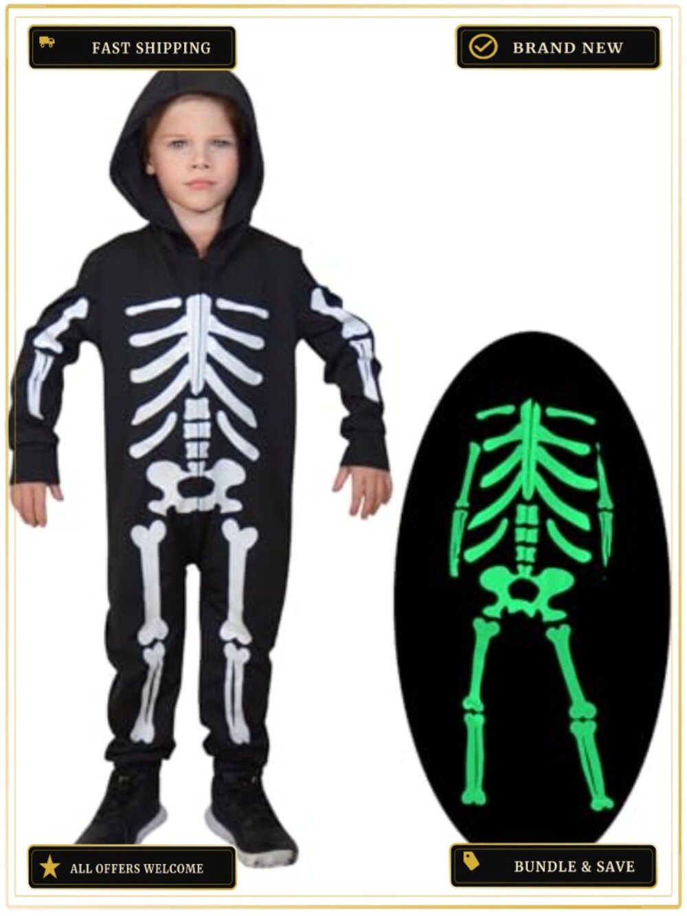 Glow in the Dark Skeleton Halloween Jumpsuit Costume for Kids Zip Up Hooded